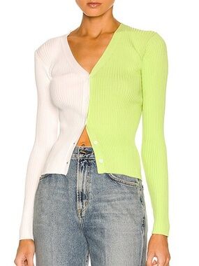 STAUD Cargo Two-Tone Ribbed V-Neck Cardigan Size S White & Lime Green Chic